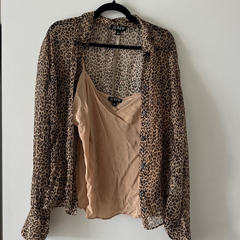 J. Crew Brown Leopard Print Sheer Button Down Shirt Size 14 - Picture 4 of 9